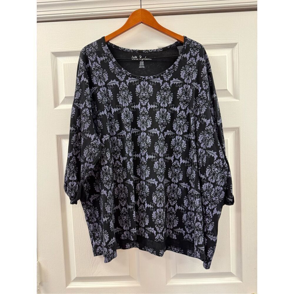Ulla Popken Black & Gray Print Crew Neck Roll Tab Sleeve Top sz 28/30 NWOT